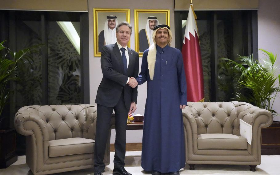 U.S. Secretary of State Antony Blinken (left) meets with Qatar’s Prime Minister and Foreign Minister Sheikh Mohammed bin Abdulrahman al-Thani, at Diwan Annex, in Doha on Feb. 6, 2024.