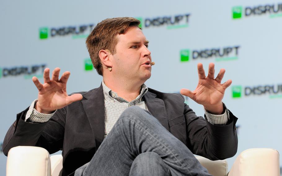 In this photo from Sept. 6, 2018, Rise of the Rest Seed Fund managing partner J.D. Vance speaks onstage during day two of TechCrunch Disrupt SF 2018 at Moscone Center in San Francisco.