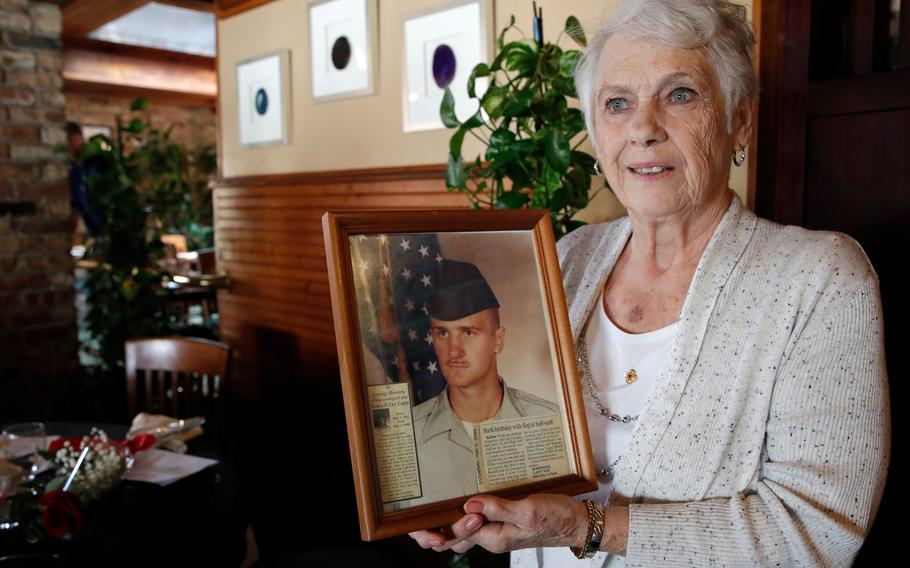 Rosemarie May speaks about her son during a gathering of the Gold Star Mothers and Families in New Smyrna Beach, Fla., Sept. 18, 2021.