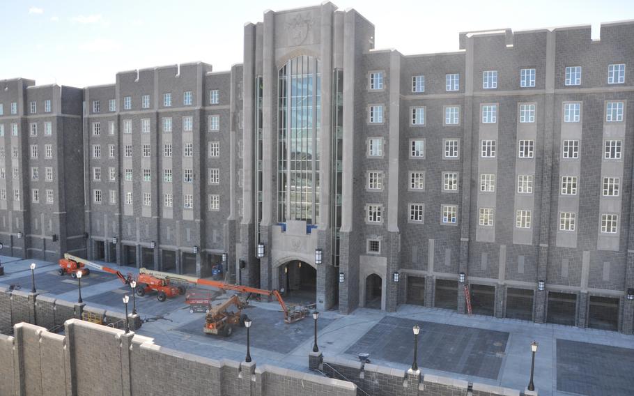 Front exterior of Davis Barracks under construction. U.S. Military Academy West Point.