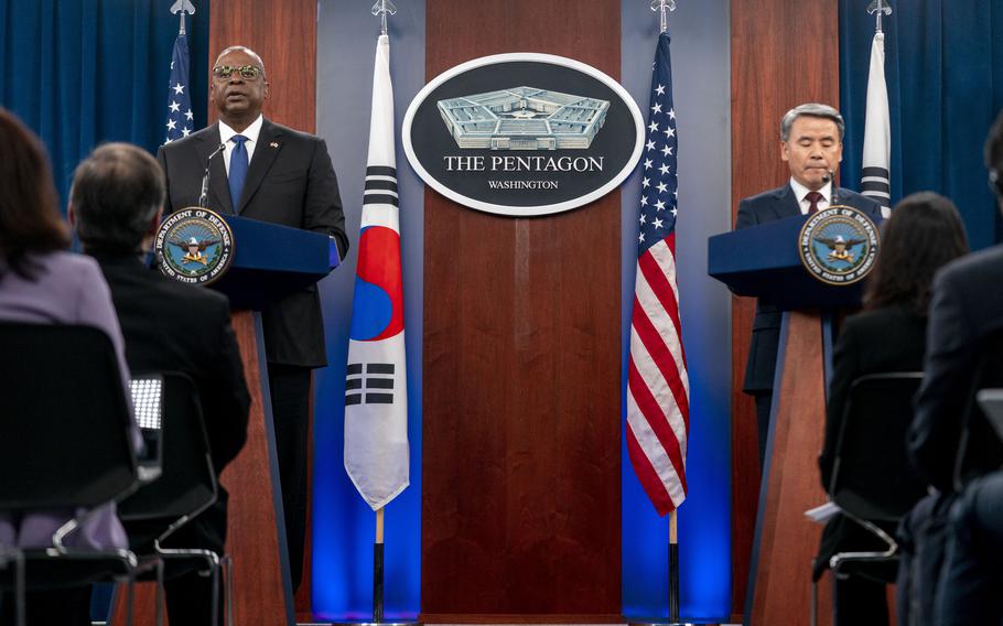 Defense Secretary Lloyd Austin, accompanied by South Korea’s Minister of National Defense Lee Jong-sup, right, speaks during a joint news conference at the Pentagon on Thursday, Nov. 3, 2022. 