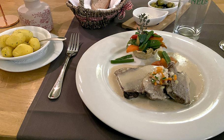 The tafelspitz, a boiled beef dish, is part of Kirchheimbolanden’s Restaurant Orangerie’s Glanrindwochen, or weeks with meals featuring Glan cattle, a breed from the Rheinland-Pfalz region. It came with vegetables and parsley potatoes on March 6, 2023.