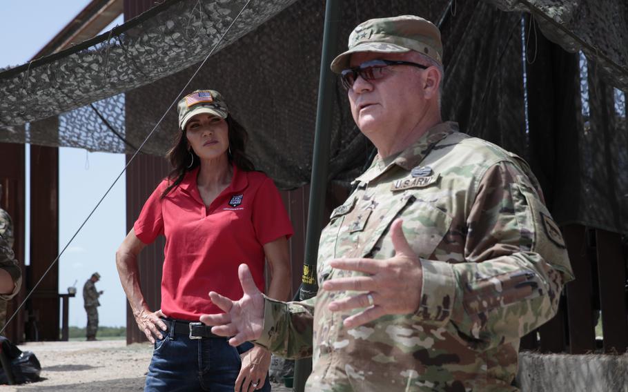 South Dakota Gov. Kristi Noem visited the U.S. border with Mexico on Monday, July 26, 2021, near McAllen, Texas. Noem described the U.S. border with Mexico as a “war zone” last year when she sent dozens of state National Guard troops there. Records show the South Dakota troops didn’t seize any drugs. 
