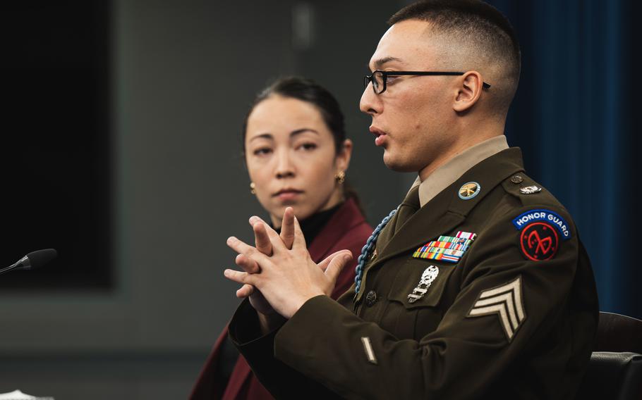 U.S. Central Command Chief Technology Officer Schuyler Moore and Army Sgt. Mickey Reeves, the winner of CENTCOM’s 2022 Innovation Oasis, conduct a news briefing on artificial intelligence and unmanned systems at the Pentagon on Dec. 7, 2022. 