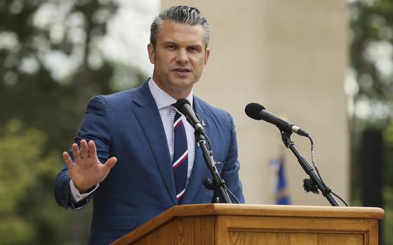 U.S. Defense Secretary Pete Hegseth delivers a speech at the US cemetery to commemorate the 81st anniversary of the D-Day landings, Friday, June 6, 2025 in Colleville-sur-Mer, Normandy. (AP Photo/Thomas Padilla)
