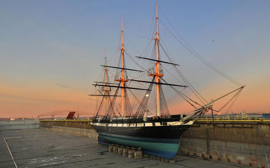 The USS Constellation, with her hull freshly painted, sits on blocks in the dry dock at Tradepoint Atlantic Shipyard in Sparrows Point, Md.,  after the completion of eight weeks of repairs. The dry dock will be partially flooded so that the 1854 sloop-of-war can be checked for leaks, and then fully flooded on the morning of her return to the Inner Harbor.