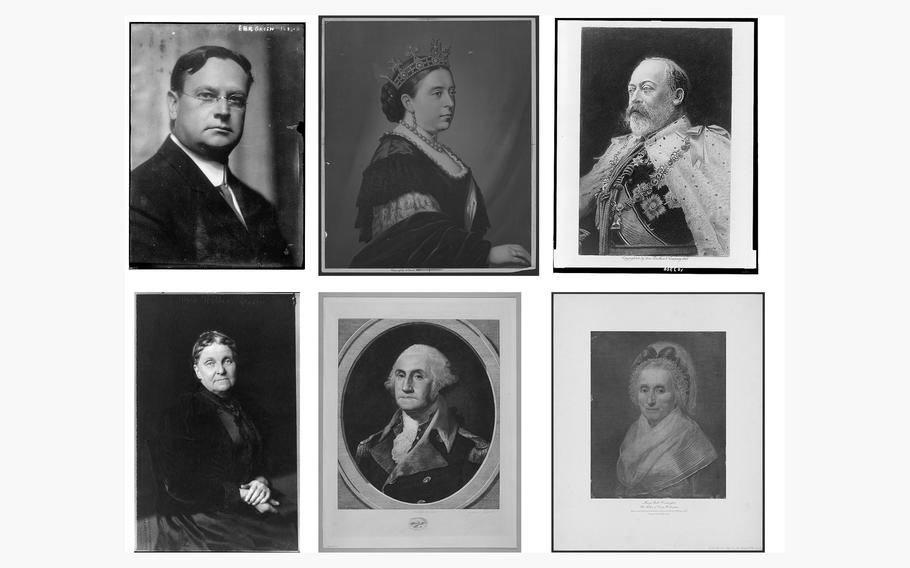 Top row from left: Ned Green son of Hetty Green; Queen Victoria.; and Queen Victoria’s son Edward VII. Bottom from left: Henrietta “Hetty” Green.; George Washington, son of Mary Ball Washington; and Mary Ball Washington.