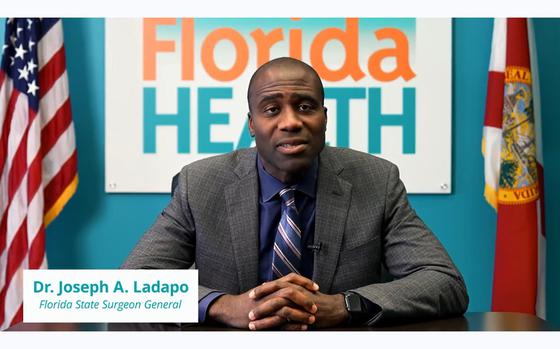A video screen grab shows Florida Surgeon General Joseph Ladapo, during an October 2023 briefing, recommending against mRNA COVID-19 boosters for residents under the age of 65. 
