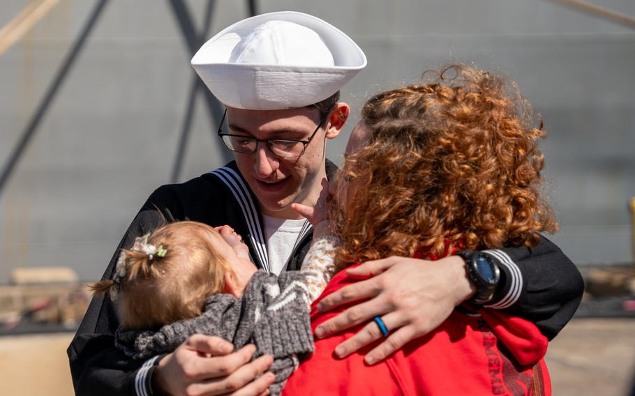 Electronics Technician 3rd Class Brennon Potter, assigned to the Wasp-class amphibious assault ship USS Bataan (LHD 5), part of the Bataan Amphibious Ready Group (ARG), greets his family as Bataan returns to Naval Station Norfolk following an eight-month deployment operating in the U.S. 5th and U.S. 6th Fleet areas of operation, Thursday, March 21, 2024.