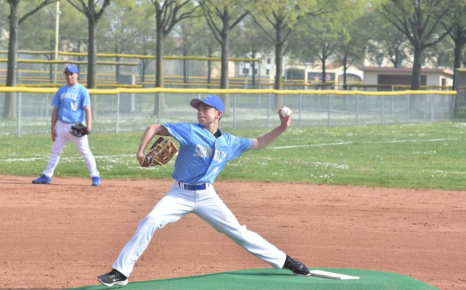 Levi Denton hurls a pitch toward the plate in the Sigonella Jaguars’ 11-1 loss to Aviano on Saturday, April 6, 2024, at Aviano Air Base, Italy.