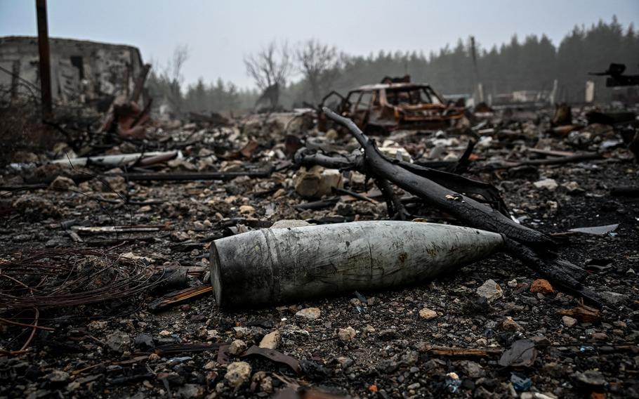 A destroyed ammunition depot belonging to the Russian army on the outskirts of Izyum, Kharkiv region, amid the Russian invasion of Ukraine, Dec. 13, 2022. 