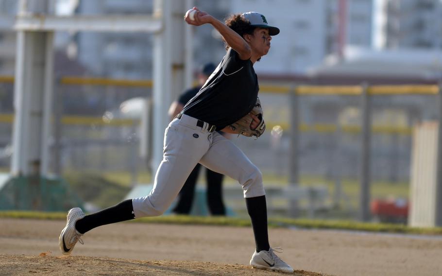Kubasaki's Nicholaz Aguirre delivers against Kadena during Wednesday's Okinawa baseball game. The junior right-hander tossed a no-hitter and the Dragons shut out the Panthers 10-0 in five innings.
