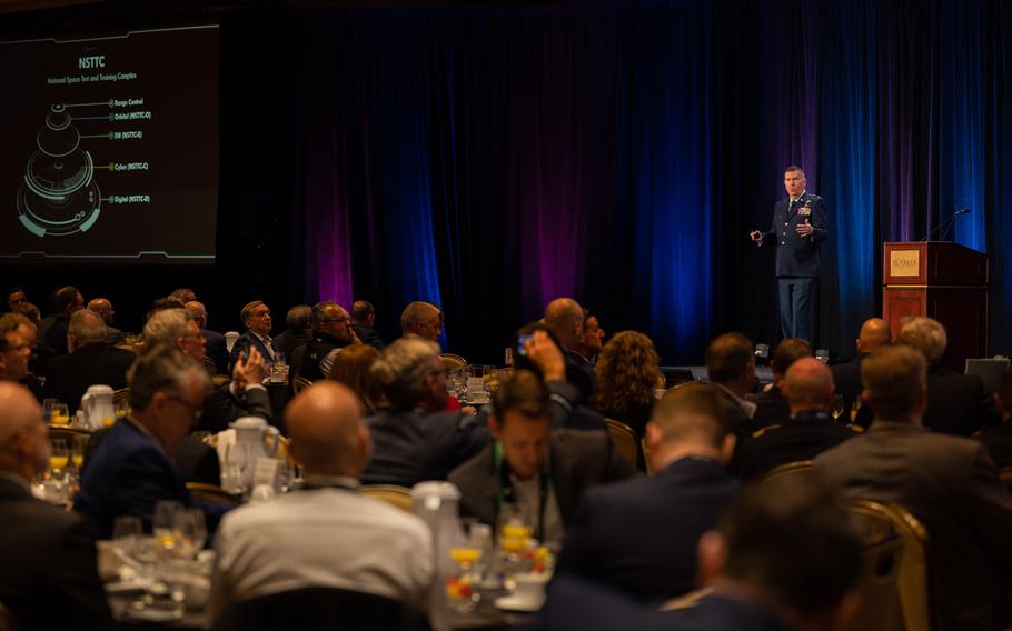U.S. Air Force Maj. Gen. Shawn N. Bratton, Commander of Space Training and Readiness Command, gives remarks as the featured speaker for the 38th Space Symposium Satellite Forum Breakfast in Colorado Springs, Colo., on April 19, 2023.