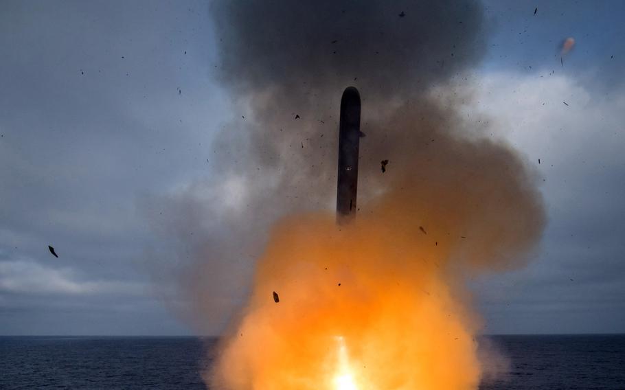 A Tomahawk missile launches from the guided-missile destroyer USS Dewey somewhere in the Western Pacific, Aug. 16, 2018.