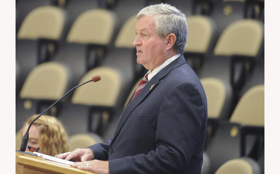 Mobile County Sheriff Sam Cochran speaks before the Mobile County Commission on December 13, 2021, in Mobile, Ala.  According to a report on Thursday, Sept. 8, 2022, Cochran said his office is “trying to pursue every lead we get on people selling” pills laced with fentanyl.