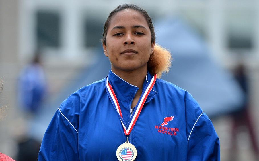 Ramstein’s Alysha Edwards took the gold in the girls discus competition with a throw of 114-06 at the DODEA-Europe track and field championships in Kaiserslautern, Germany, May 20, 2023. 