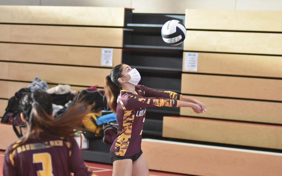 Baumholder's Emmilisee Rodriguez bumps the ball during round-robin play at the DODEA-Europe Division III tournament on Friday, Oct. 29, 2021, in Kaiserslautern, Germany