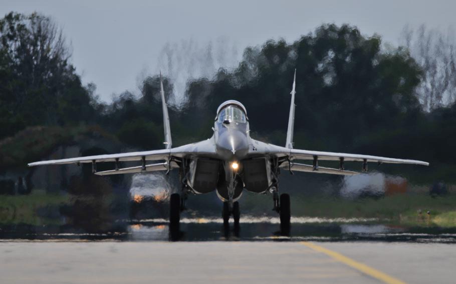 A Bulgarian air force MiG-29 Fulcrum taxis back to the ramp at Graf Ignatievo Air Base, Bulgaria, on July 15, 2015.