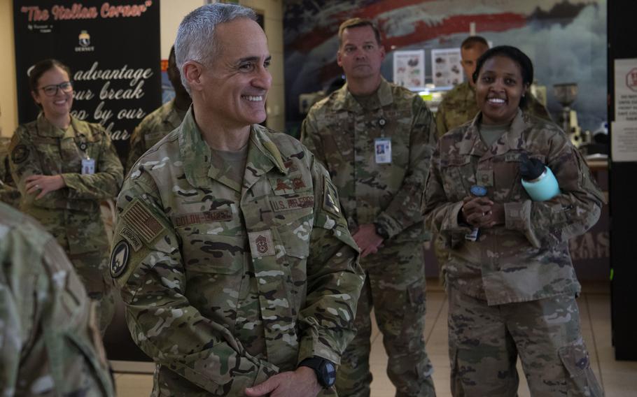 Ramón “CZ” Colón-López, the senior enlisted adviser to the chairman of the Joint Chiefs of Staff, speaks Oct. 12, 2022, with airmen at the 31st Medical Group at Aviano Air Base, Italy. 