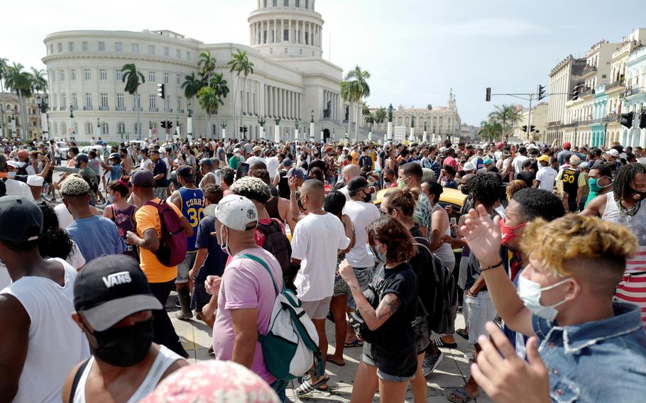 People take part in a demonstration against the government of Cuban President Miguel Diaz-Canel in Havana, Cuba, on July 11, 2021. 