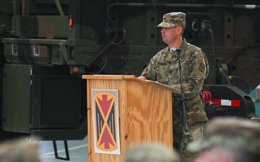 Col. Gradey Marcum, commander of the Ohio National Guard’s 174th Air Defense Artillery Brigade, makes his final remarks as head of the 5th Battalion, 4th Air Defense Artillery Regiment during an assumption of command ceremony on Aug. 2, 2023, in Ansbach, Germany.