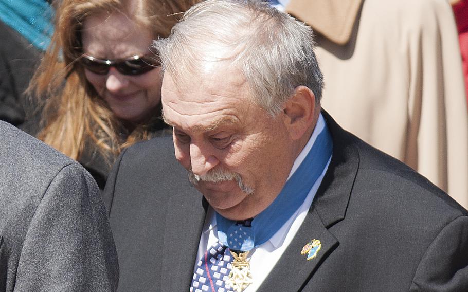 Medal of Honor recipient Michael Fitzmaurice attends a ceremony at Arlington National Cemetery, Va., on March 23, 2018.