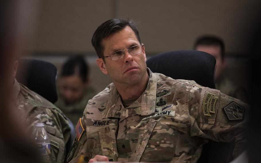 U.S. Army Brig. Gen. Richard E. Angle, Deputy Commanding General Operations U.S. Army Cyber Command, participates in a working lunch during the Joint Warfighting Assessment on Joint Base Lewis-McChord, Wa., May 1, 2019.