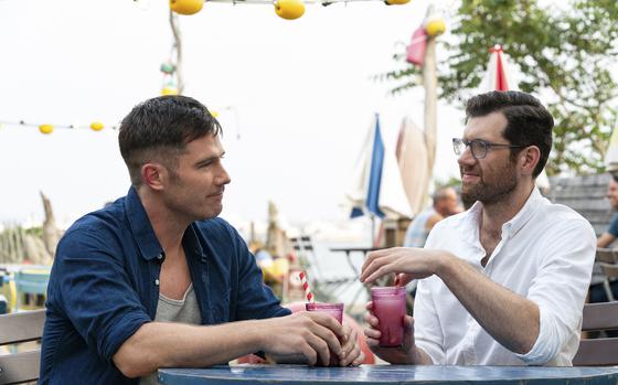 Luke Macfarlane, left, and Billy Eichner star in “Bros,” a rare Hollywood romantic comedy about gay men.
