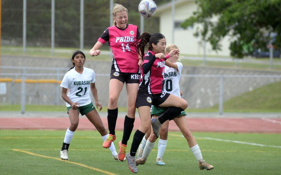 Brooke Brewer (14) returns to anchor Kadena's defense; Solares Solano (21) led the Pacific with 36 goals last season.