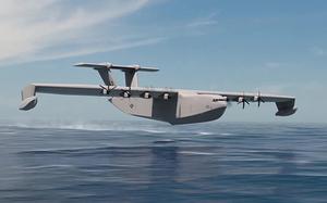An artists’ rendering of a seaplane flying just above the surface of a body of water, with blue sky and the horizon in the background.