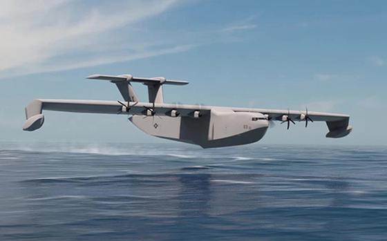 An artists’ rendering of a seaplane flying just above the surface of a body of water, with blue sky and the horizon in the background.