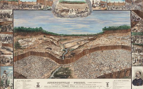 A highly detailed drawing of a prison camp from an aerial perspective, with other illustrations adorning the border of the image showing more detailed scenes.