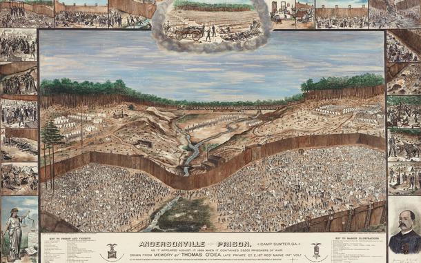 A highly detailed drawing of a prison camp from an aerial perspective, with other illustrations adorning the border of the image showing more detailed scenes.