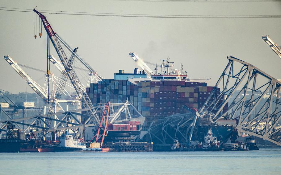 Salvage efforts continue as workers make preparations to remove the wreckage of the Francis Scott Key Bridge from the container ship Dali five weeks after the catastrophic collapse. 