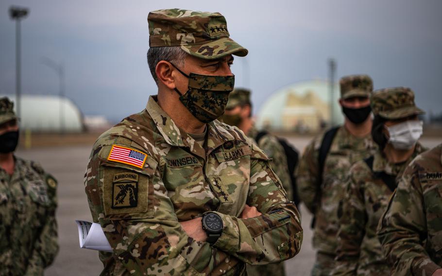 Gen. Stephen Townsend, head of  U.S. Africa Command, and his staff conduct a review of the 173rd Airborne Brigade and the North and West Africa Response Force at Aviano Air Base, Italy, Feb. 22, 2021. In April, Townsend said China was "aggressively pursuing" a base on the Atlantic Ocean in West Africa. The Chinese have zeroed in on Equatorial Guinea, a Wall Street Journal report said Sunday.