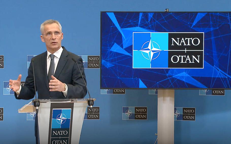 NATO Secretary-General Jens Stoltenberg answers a question during a press conference at the organization's headquarters in Brussels, April 5, 2022, ahead of Wednesday's foreign ministerial meeting, which U.S. Secretary of State Antony Blinken will attend.