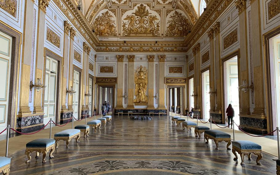 The gilded throne room is among many chambers visitors can see at the Royal Palace of Caserta near Naples, Italy, March 9, 2022.