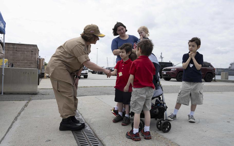 Chief of Naval Operations Adm. Lisa Franchetti welcomes the Arleigh Burke-class destroyer USS Carney (DDG 64) to Norfolk, Va., Friday, May 10, 2024.