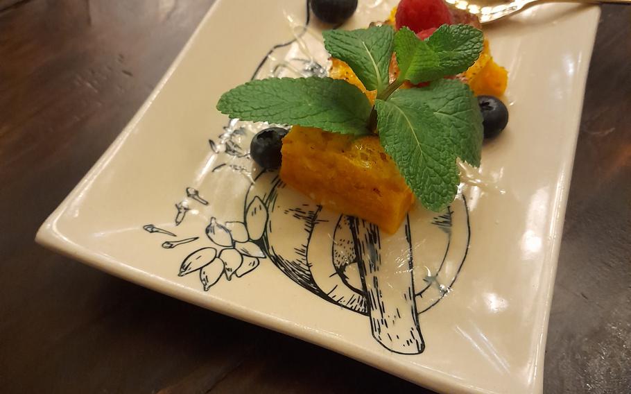 The apple and pumpkin dessert at Tokygon is not a regular menu item. It was a surprise offering when we visited, and it was made by our server’s mother. 