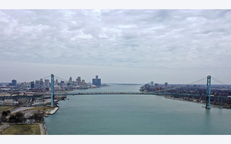 The Ambassador Bridge that connects Detroit and Windsor, Canada, is seen on March 18, 2020, in Detroit. 