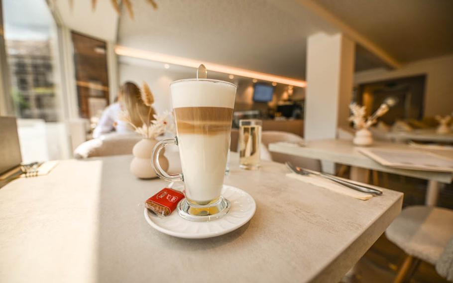The Parlour’s latte macchiato-style coffee, infused with creme brulee syrup and white chocolate. The Landstuhl, Germany, restaurant offers a variety of hot and cold coffee drinks and teas.