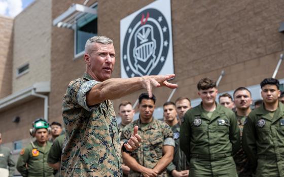 Marine Corps Gen. Eric Smith speaks with Marines on Aug. 16, 2023, at Marine Corps Air Station Miramar, Calif.