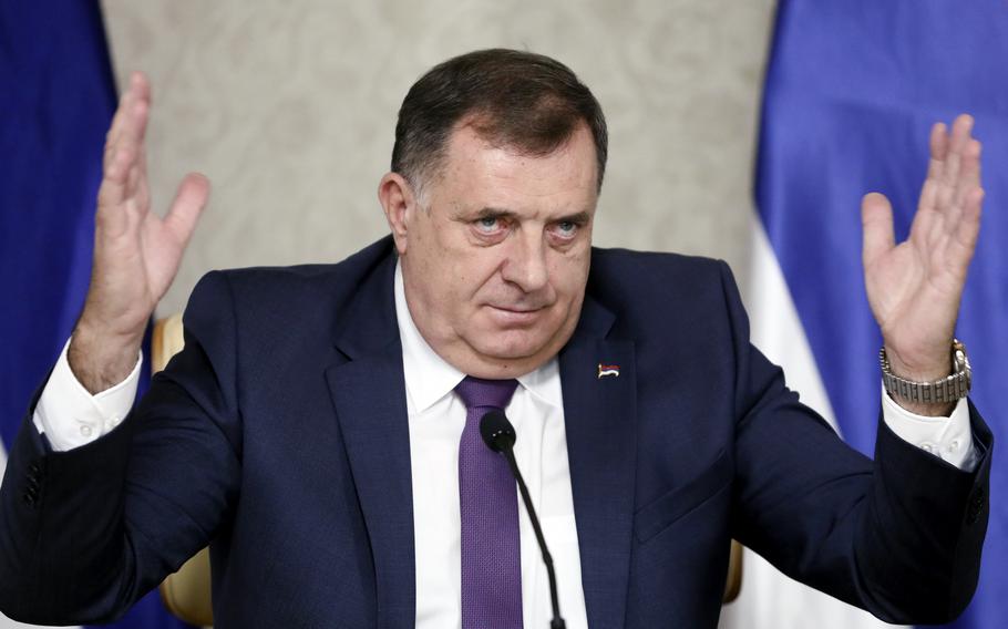 Bosnian Serb member of the tripartite Presidency of Bosnia Milorad Dodik speaks during a press conference after talks with U.S. Deputy Assistant Secretary of State Gabriel Escobar in the capital Sarajevo, Bosnia, on Nov. 8, 2021. Long-reigning Bosnian Serb leader, Milorad Dodik, has grown increasingly hostile this week as the West turned up the pressure on him to stop a spiraling secessionist campaign in his multiethnic Balkan country of 3.3 million people that has never truly recovered from its fratricidal 1992-95 war.