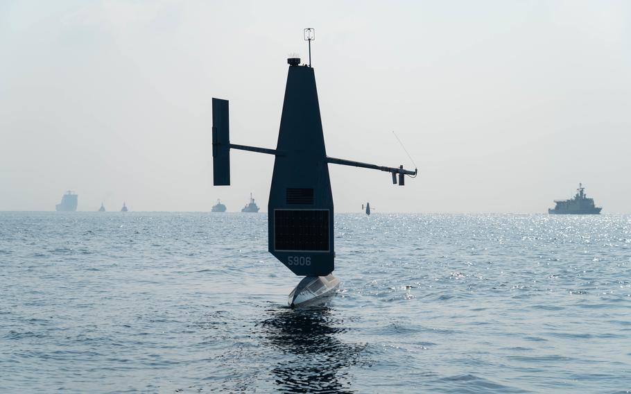 A U.S. Navy drone operates with ships from the U.S., Britain, Bahrain and Saudi Arabia in the Persian Gulf on Oct. 26, 2022.