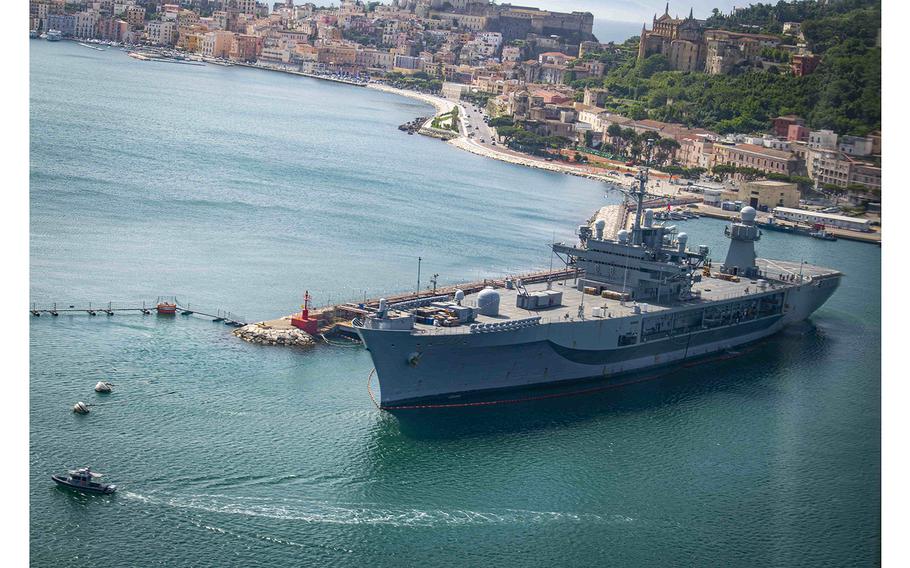 The Blue Ridge-class command and control ship USS Mount Whitney (LCC 20) sits in port in Gaeta, Italy, May 15, 2020.