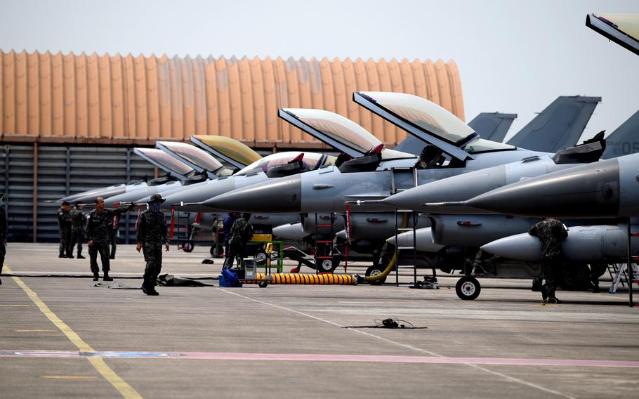 South Korean air force KF-16 multirole fighters stage at Cheongju Air Base during the weeklong Soaring Eagle exercise, May 12, 2023. 