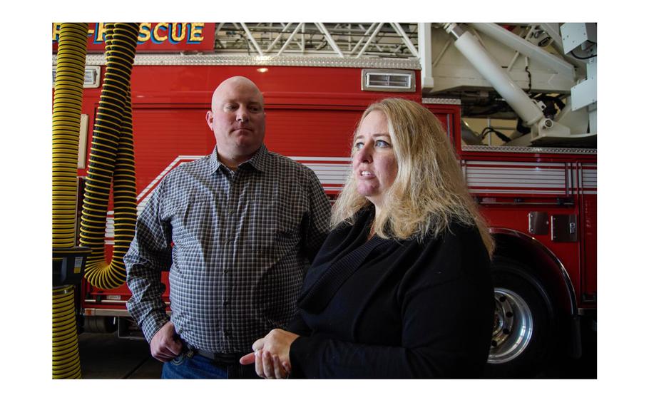 Kristopher and Summer Haskins have a reunion at Fire-Rescue Station 21 in Pacific Beach on Wednesday, Feb. 21, 2024, in San Diego, California. After Summer experienced sudden cardiac arrest in her home, her husband Kristopher called 9-1-1 and performed CPR while first responders arrived.