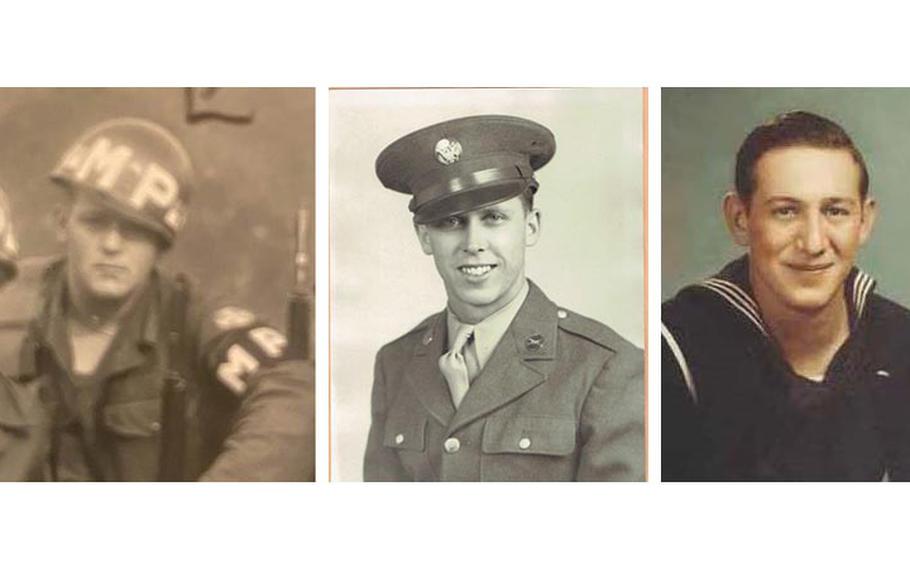From left to right: US Army PFC.  Lawrence H. Williams, U.S. Army Staff Sgt.  Harold A. Schafer and Seaman 1st Class James W. Holzhauer. 