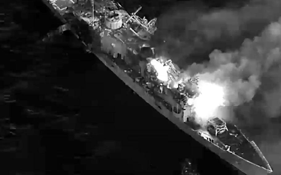 The decommissioned former USS Rodney M. Davis is hit and sunk during the Rim of the Pacific exercise in waters near Hawaii, July 12, 2022.