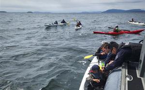 Rescue personnel helps a kayaker out of the water and into a boat.